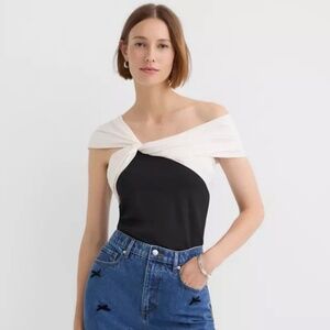 LOFT Petite Off-Shoulder Taffeta & Ponte Top Black/Cream Size M NWT